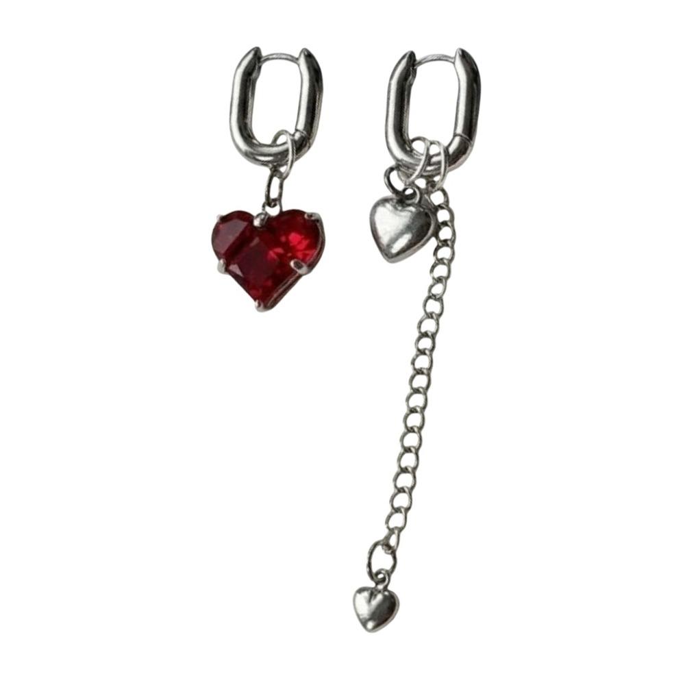 Tassel Design Asymmetric earrings Heart Shape Long Pendant Earrings Zircon Hoop Earrings  Women Red Heart