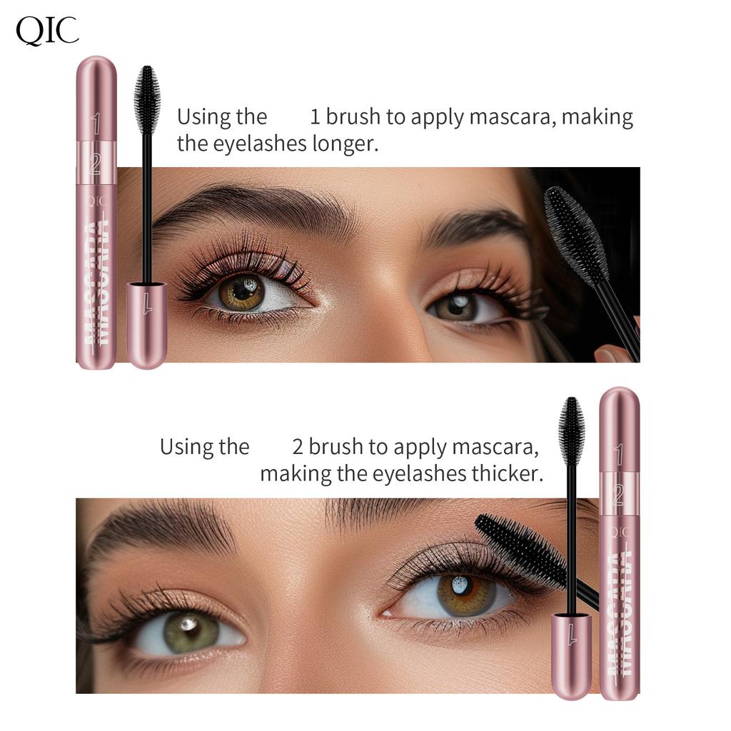 QIC Mascara Waterproof, Sweatproof, Thick, Slender and Non-smudging Double Effect 2 In 1 Mascara