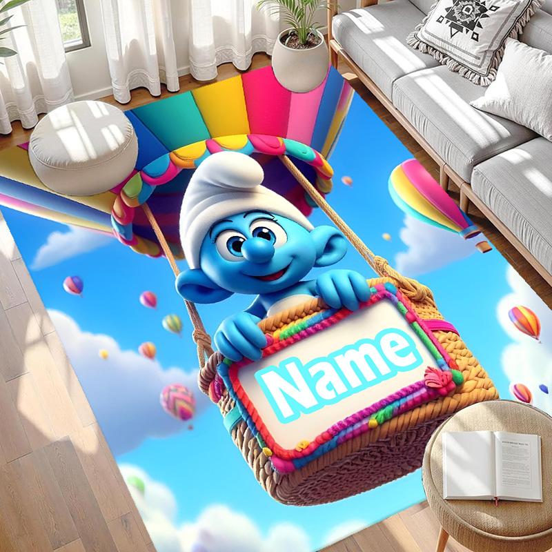 Custom Name Personalized Blue Smurfs Print Carpet, Versatile Home Decor Rug, for Playroom, Apartment, Balcony, Entryway, Hallway Gift