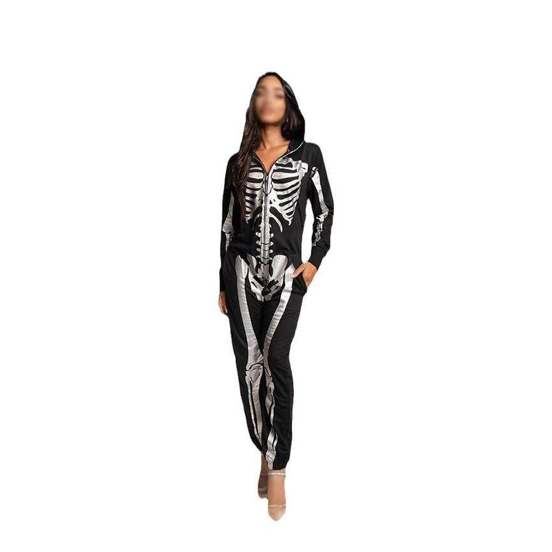 2024 Halloween Cross-Border Amazon New Hooded Skeleton Print Long-Sleeve Long-Pants Jumpsuit Sweatshirt for Women