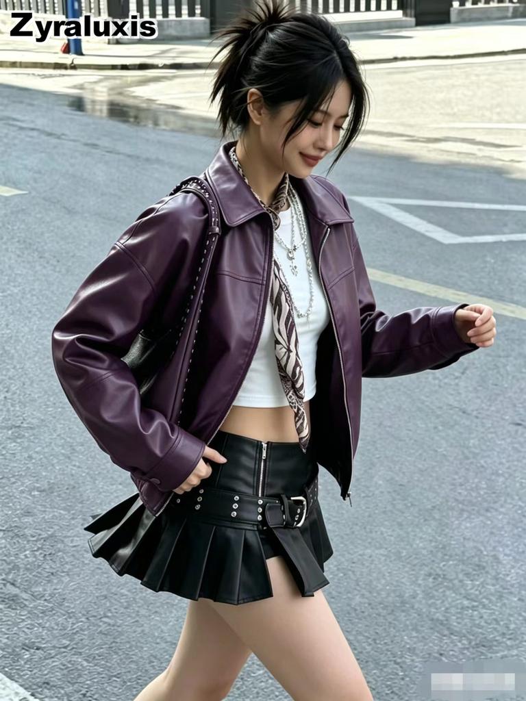 Women's Motorcycle Leather Jacket Regular Fit Plus Size Coat Female Vintage American Style Red Casual Blazer