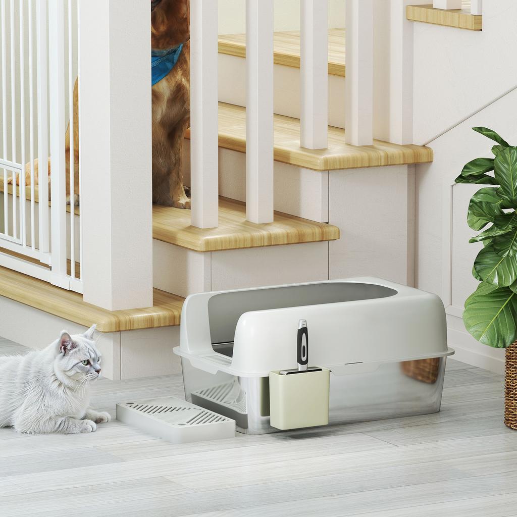 Cat Litter Box, Cat Toilet, Stainless Steel, High Walls, Storage Box, Light Gray
