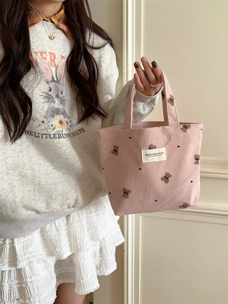 Corduroy Bear Handbag for Women, Outer Carry Bag, Lunch Bag, Student Small Lunch Box
