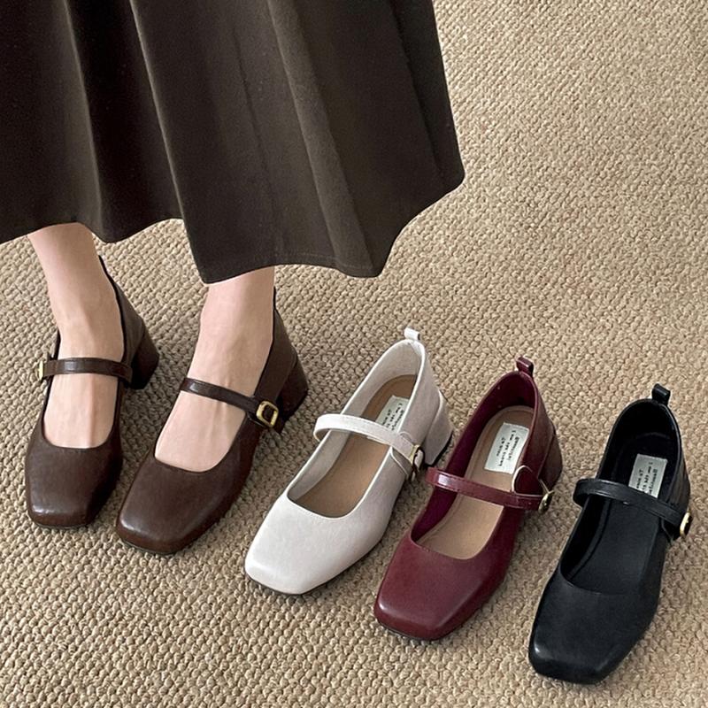 Fashion Retro Style Thick Heel Women Mary Jane Shoes Fashion Square Toe One-Buckle Shoes Ladies Outdoor Dress Pumps