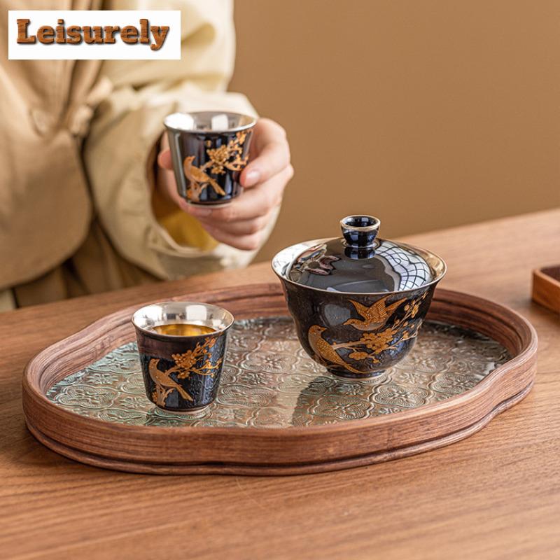 999 Gilded Silver Tea Set Complete Set Vintage Flower And Bird Tea Ceremony Set Teapot And Tea Cup Set Drinkware Decoration Gift