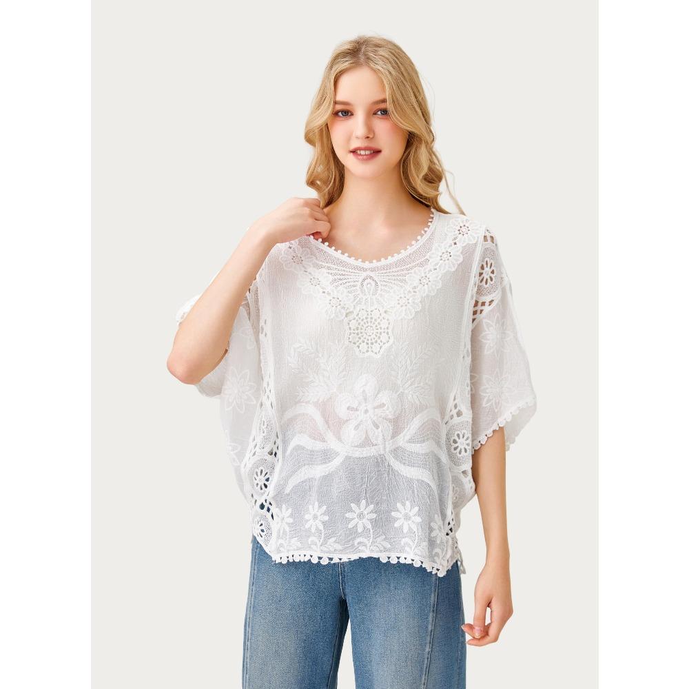 DIMANAF 2026 New Summer Basic Shirt Women Lace O-Neck Blouse Tops Tees Loose White Short Tees