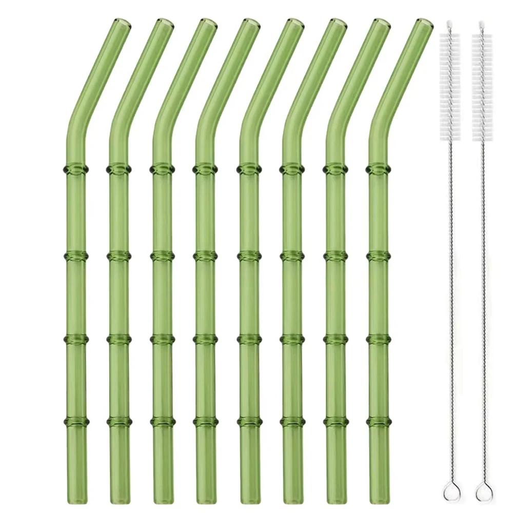 

8pcs Reusable Glass Straw with Brush Bag Bamboo-shaped Straws Set Suitable for Milkshakes Juices Coffee Bar Accessories