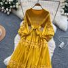 Retro Palace Style Dress for Women In Autumn and Winter A High-end Feel and Straps Waist Cinching Hollow Out Splicing Elegant Long Women Dress