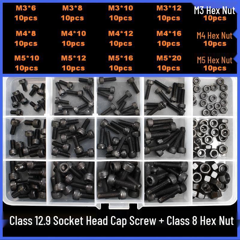 360-Piece High Strength Grade 12.9 Internal Hex Socket Screw and Hex Nut Set (M3, M4, M5, M6)