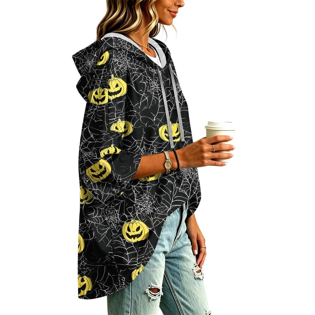 Women's Three-Quarter Sleeve Hoodie with Halloween Print Pullover Top