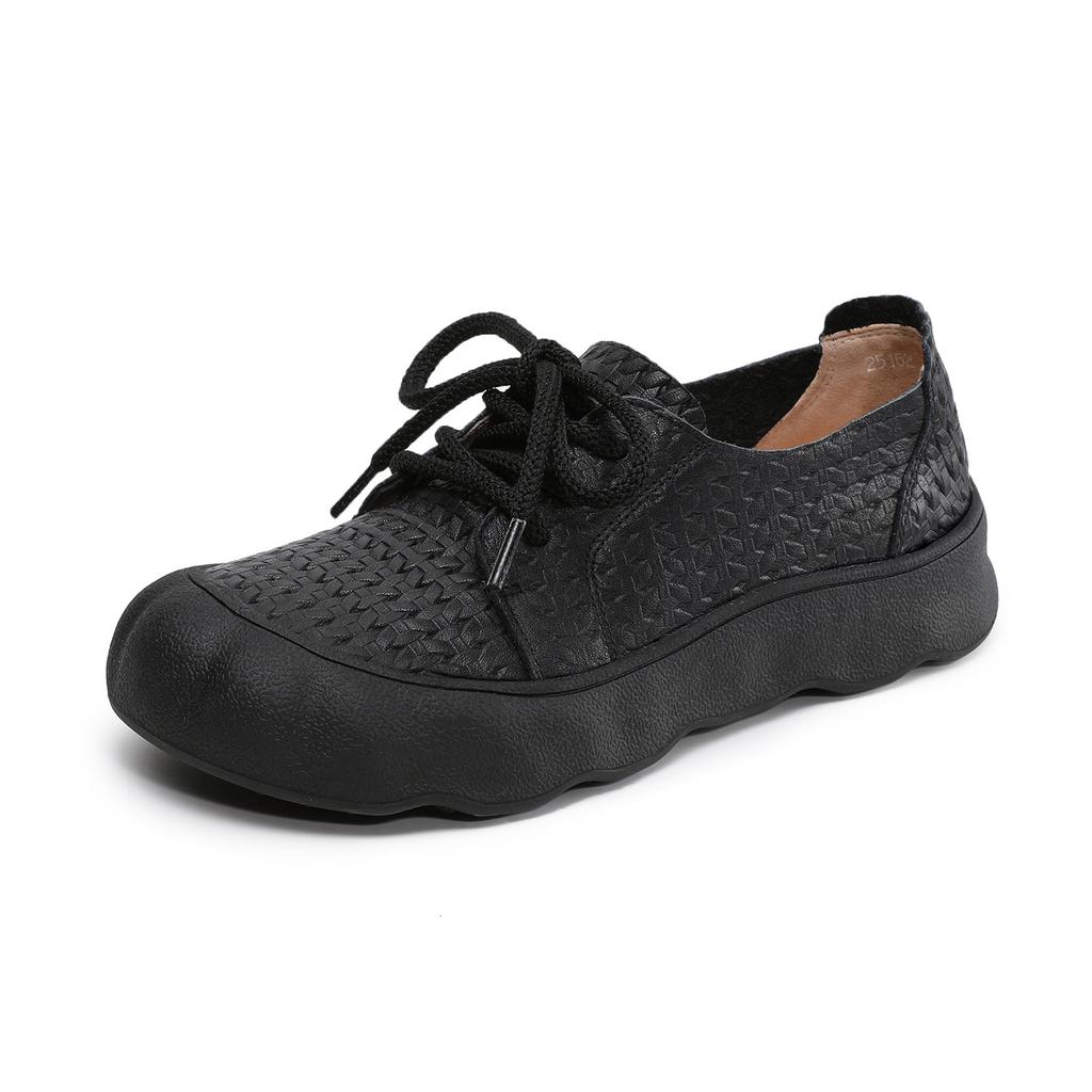 Johnature Retro Lace Up Soft Soled Shoes Comfortable Genuine Leather Versatile Women's Flat Shoes