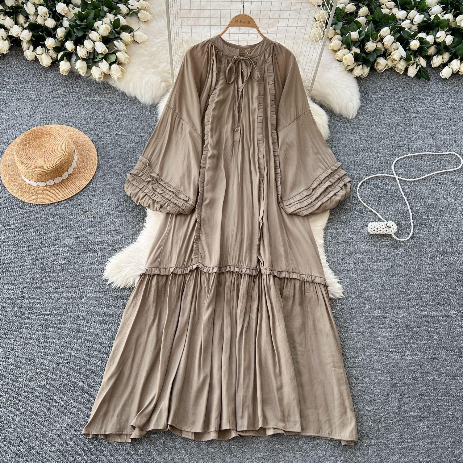 

Женское весеннее платье Advanced Sense of Lazy Style со шнуровкой, однобортное, с рукавами-фонариками, свободное, тонкое, с оборками One size хаки