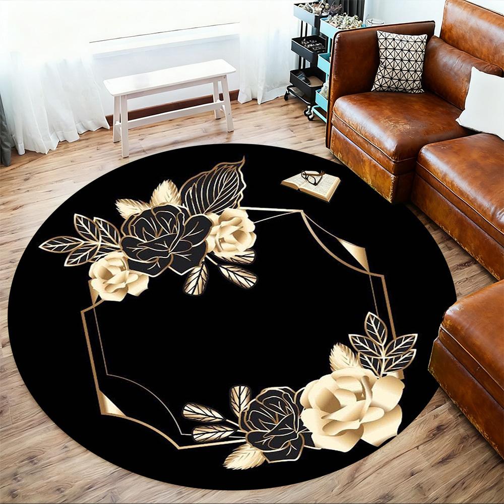 1PC Floral Frame Black and Gold Office Round Area Rug, Under Office Chairs Bedroom Living Room Home Decor,Carpet for Office, -1110282