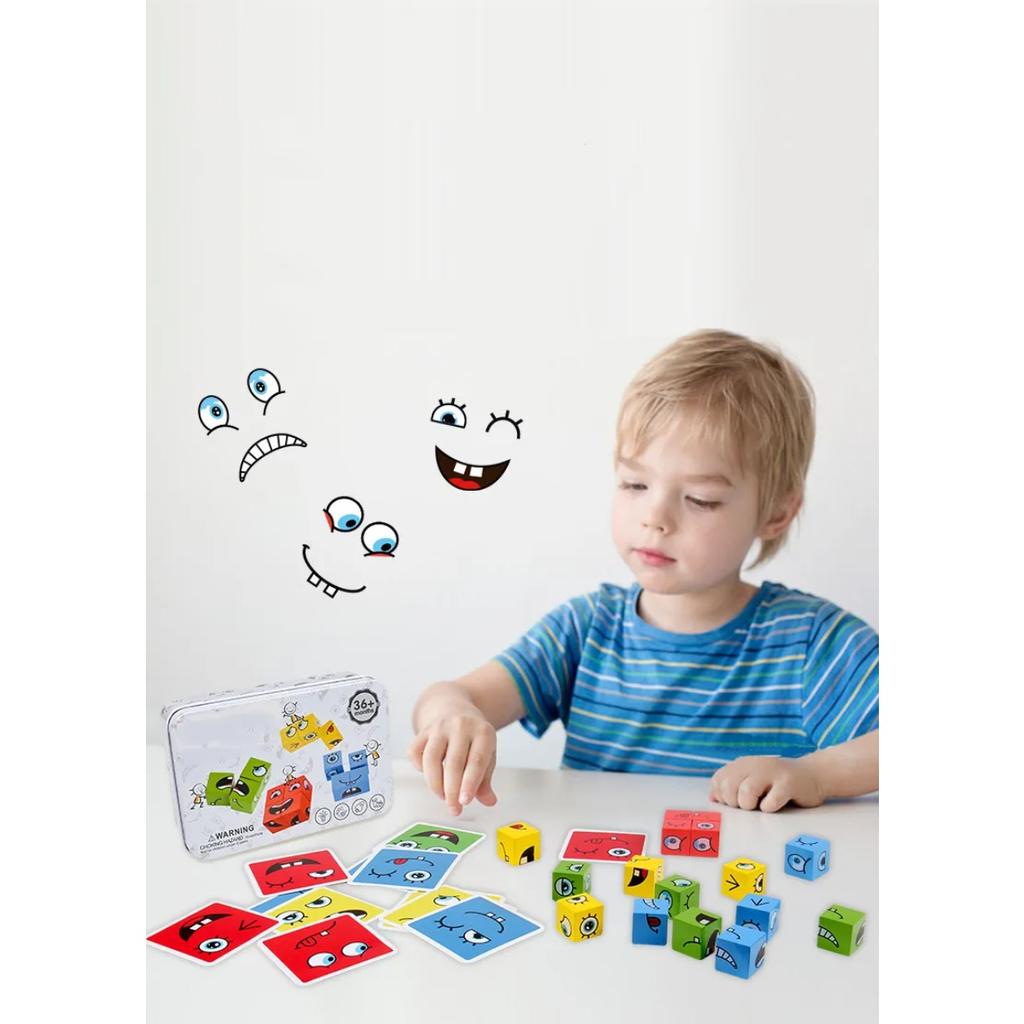 Cube Face Change Building Blocks Board Game Wood Puzzle Montessori Expression Wooden Blocks Blocos for Children Kids Toys Gift