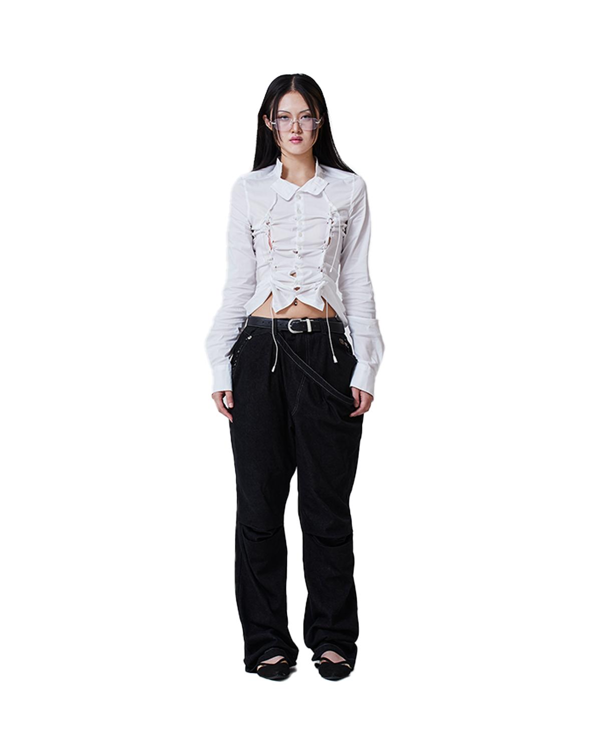One Two Two Ruff Cutting String Shape China Collar Shirt -White White