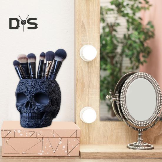 Makeup Brush Holder Skull Shape Large Capacity Makeup Brush Container Sturdy Resin Construction Storage Organizer