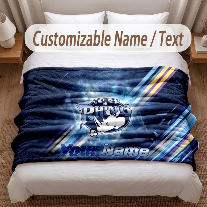Leeds Rhinos Bedruckte Flanelldecke Benutzerdefinierter Name Text Weiche Warme Decke für Schlafzimmer Feiertagsgeschenk