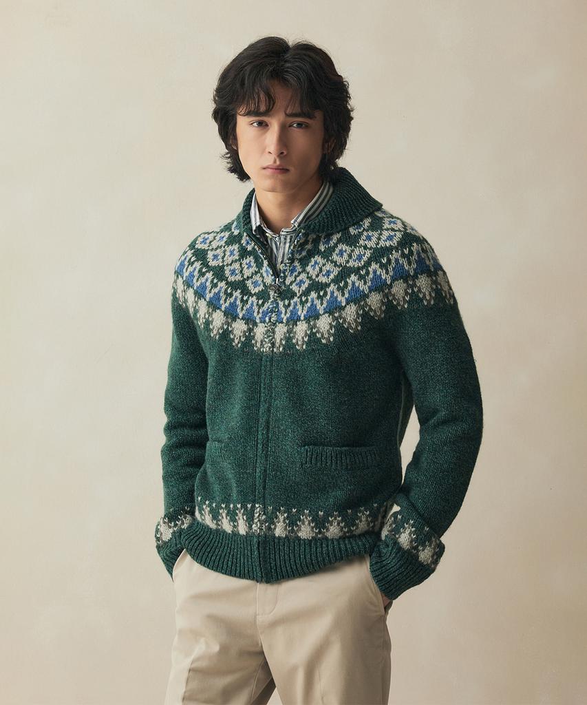 BROOKS BROTHERS Archive Wool Ski Cowichan Full-Zip Sweater (Green) (Bbwwmm3881Jew)