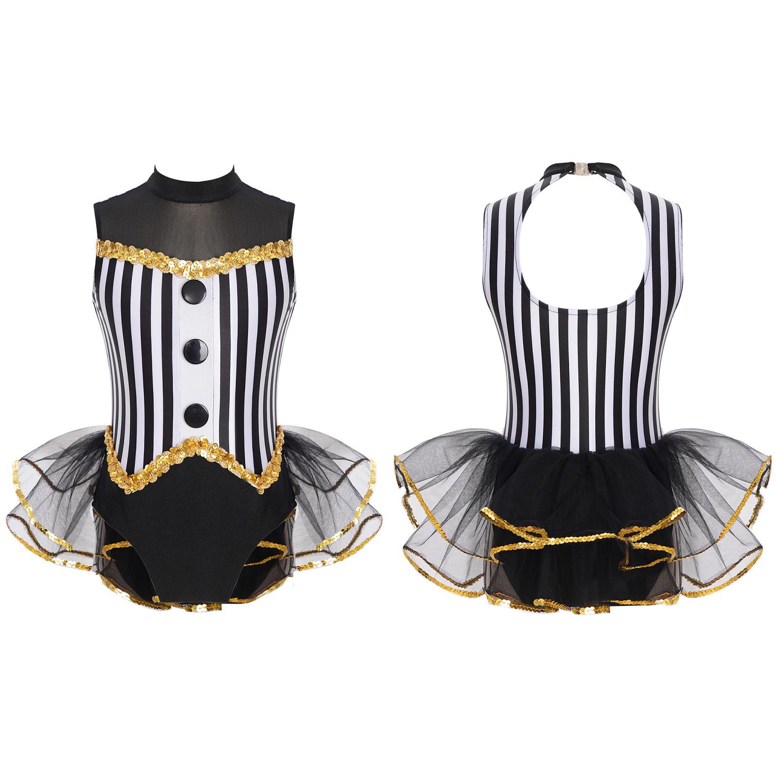 

Детский костюм для латинских джазовых танцев для девочек, боди без рукавов с блестками и открытой спиной, полосатый купальник с тюлевой юбкой 5-6 Years чёрный