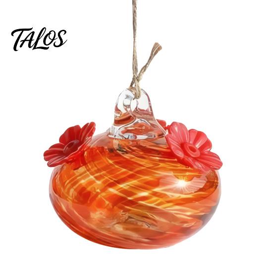 Talos Blown Glass Hummingbird Feeder, Outdoor Hanging Colorful Nectar Feeder with Two Flower Feeding Ports for Garden Backyard Decor