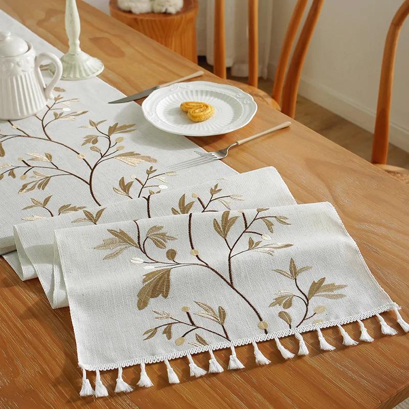 Boho Table Runner Rustic Farmhouse Embroidered Table Cover Tassels for Dresser Coffee Table Home Dining Holiday Party Decoration