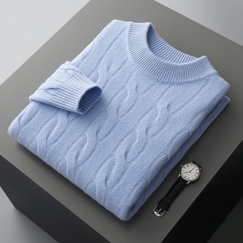 Men's Pure Wool Thick Cable Knit Sweater - Round Neck Solid Color for Autumn and Winter