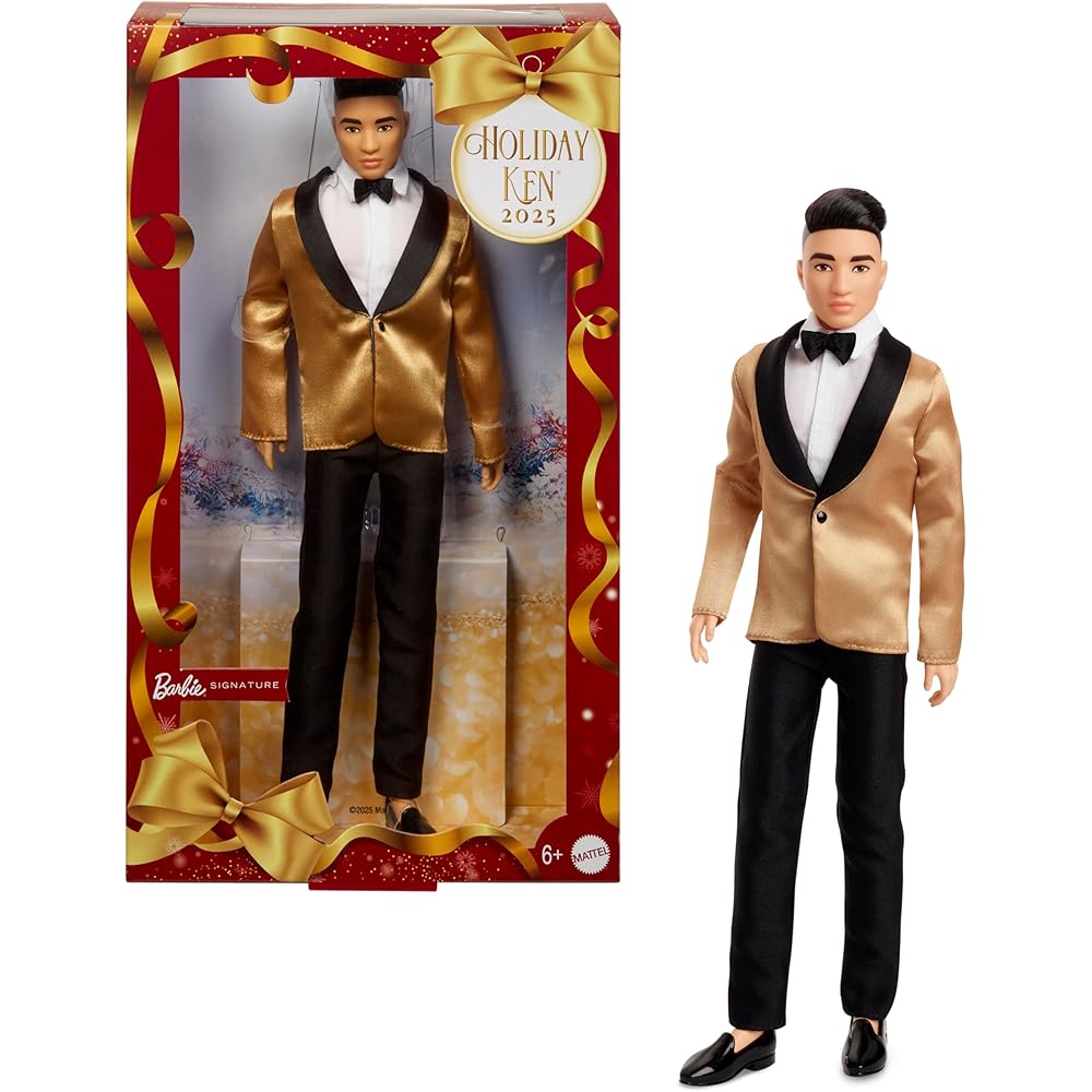 

Barbie Holiday Ken Black Hair Signature Doll 6 Years and Up Playset with House and Accessories Gold JGN83