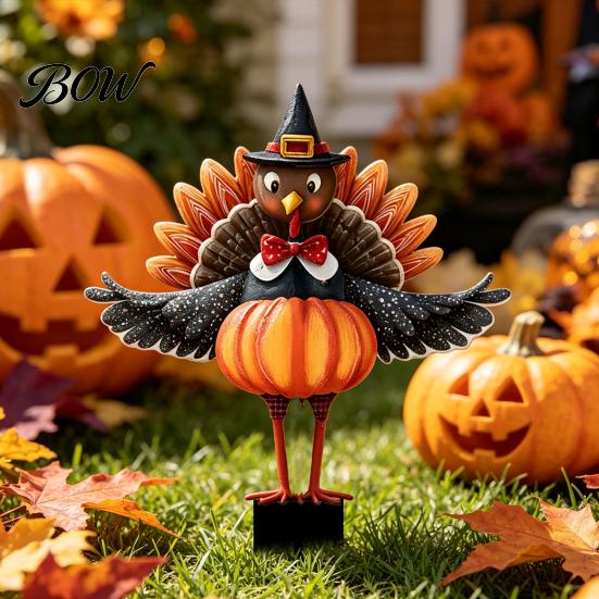 Retro Autumn Garden Accents Thanksgiving Turkey Stake, Wizard Hat with Pumpkin Lawn Ornament, Outdoor Yard Decorations Waterproof Acrylic Welcome Sign