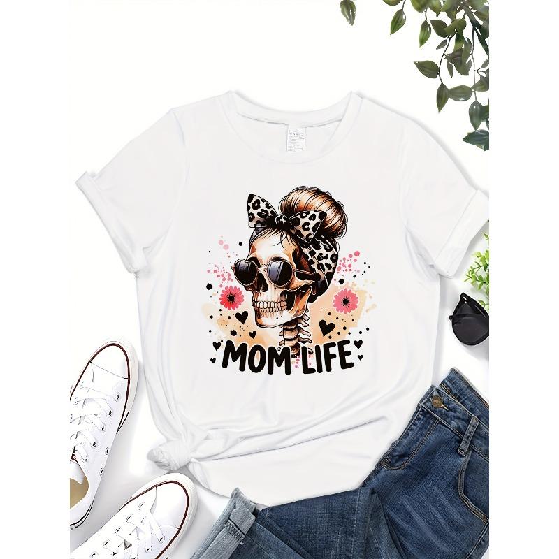 Skull Portrait Letter Print Round Neck Halloween T-Shirt, Casual Daily S Shirt, New Holiday Costume Short Sleeve Top