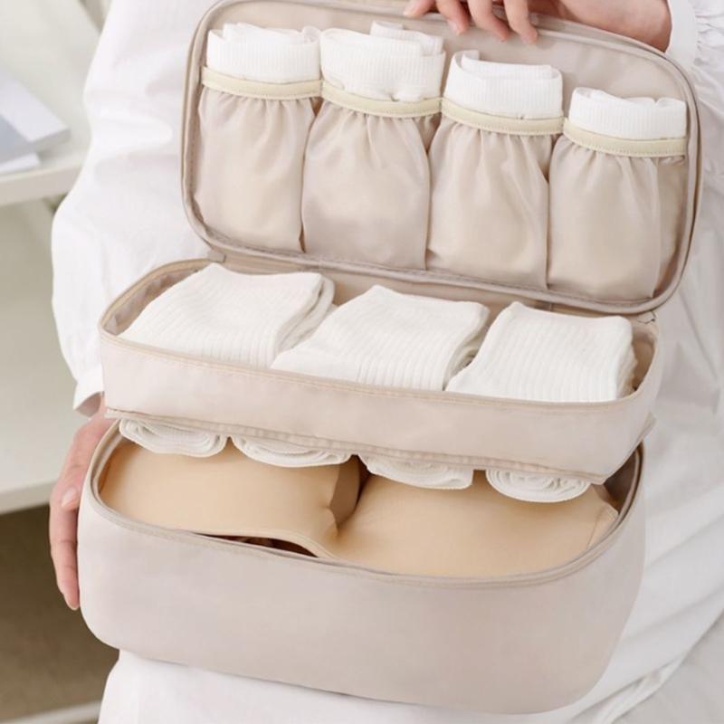 Sac de Rangement Portatif Beige pour Lingerie avec Compartiment Privé à Fermeture Éclair pour Soutiens-gorge, Chaussettes et Lingerie Délicate