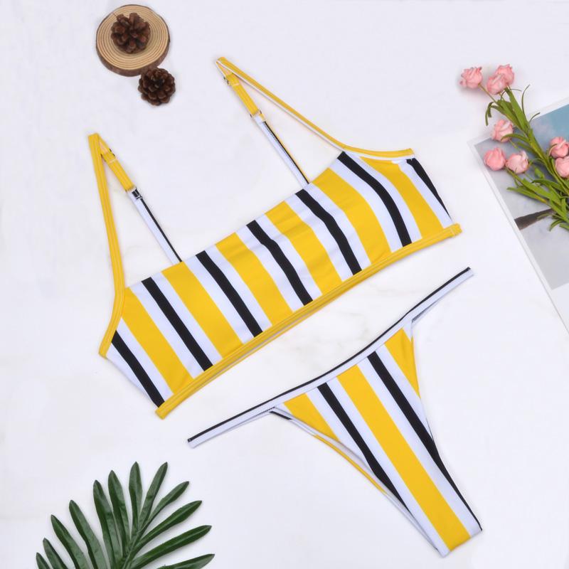 Sexy Women Swimsuit Swimwear Female Striped Bandeau Micro Mini Thong Bikini Set Bathing Suit EMA
