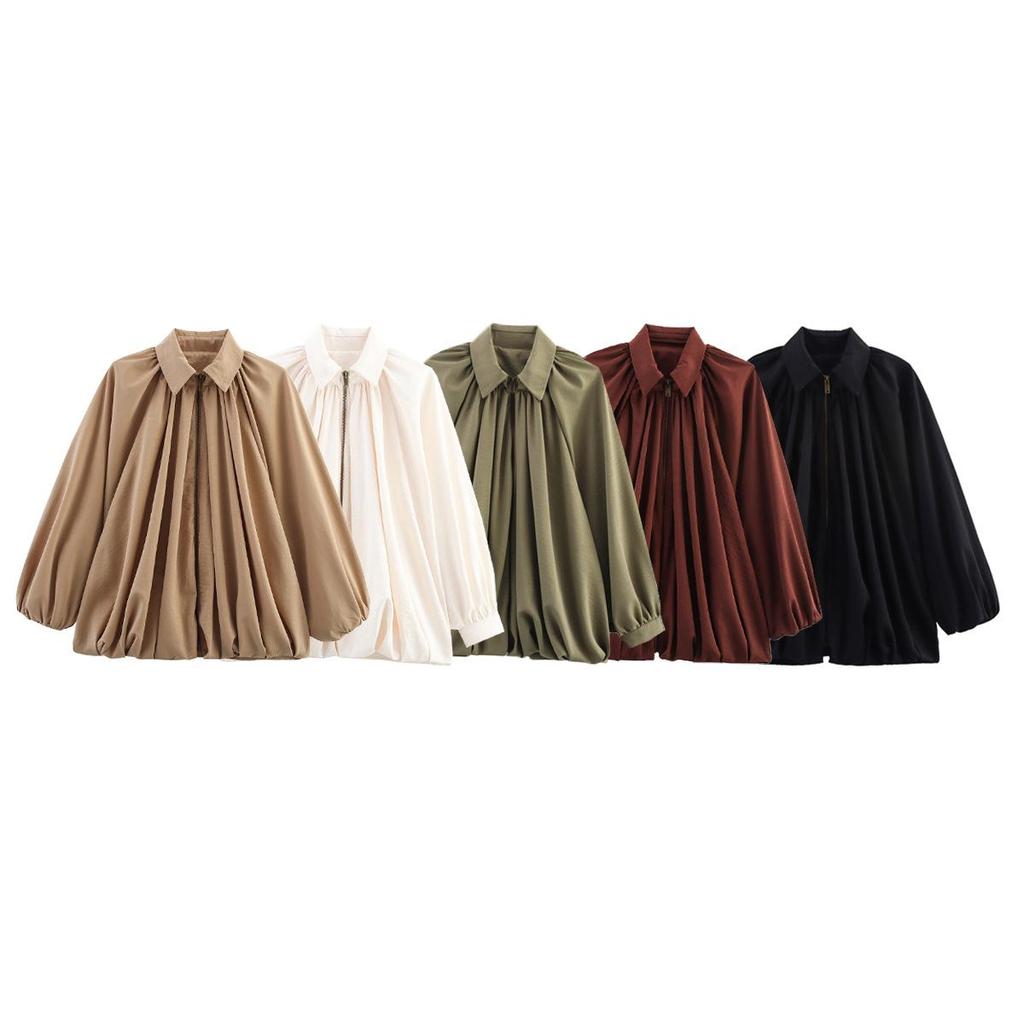 European and American Women's Loose Puff Sleeve Bomber Jacket with Turn-Down Collar