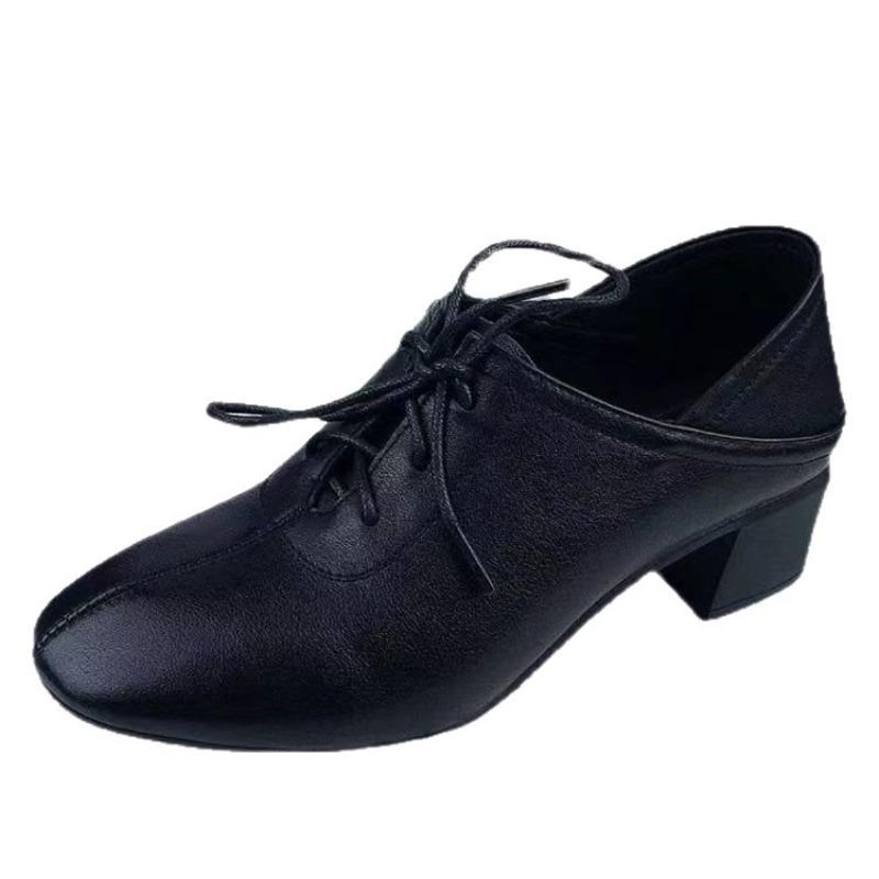 Soft Leather Women's Shoes New Autumn Single Shoes Thick Heel Lace-up Black Leather Shoes Work Shoes Soft Sole Soft Leather Shoes