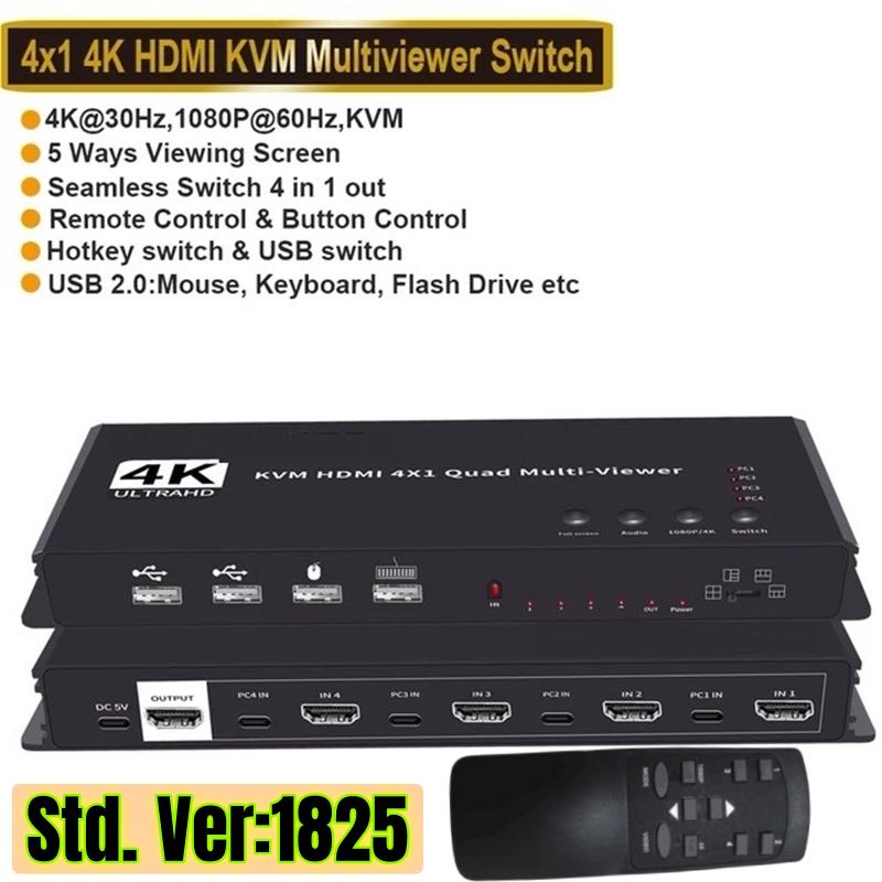 KVM HDMI 4x1 Multiviewer Switch 4K HDMI KVM 4 in 1 Out Seamless Quad Multi-viewer Video Cutting Segmentati Switcher for 4 PC K6-1