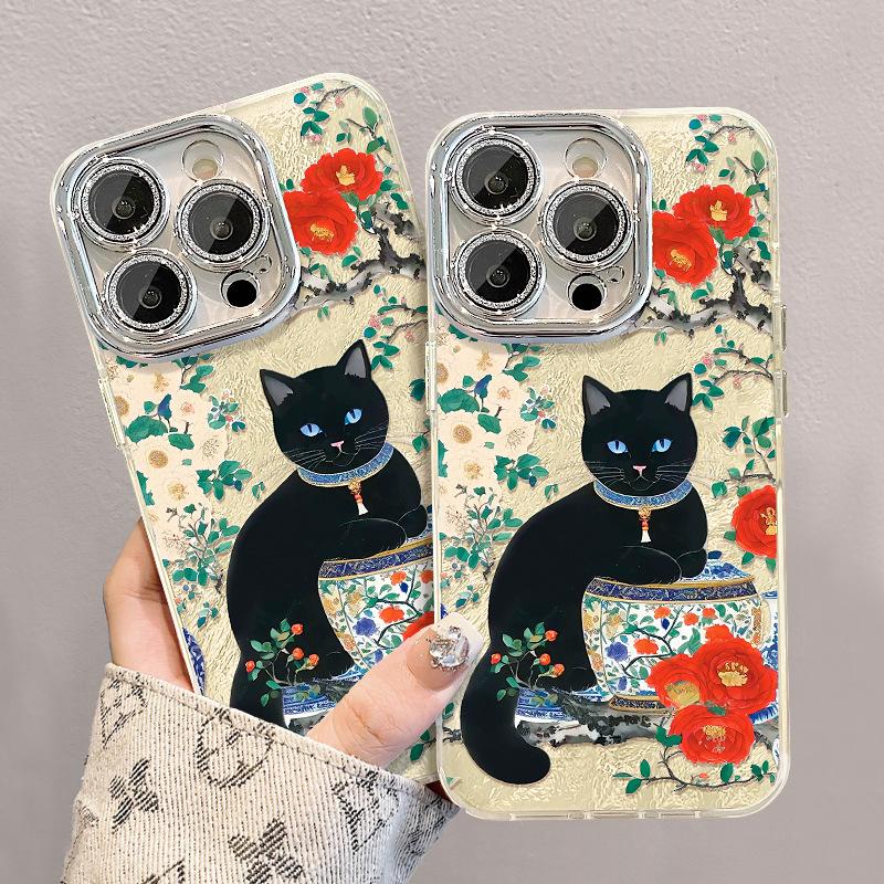 Oil Painting Flower Rabbit Is Suitable for Apple 16pro Mobile Phone Case 15 All-inclusive Lens Film 14 Lens Film 17air Anti-drop