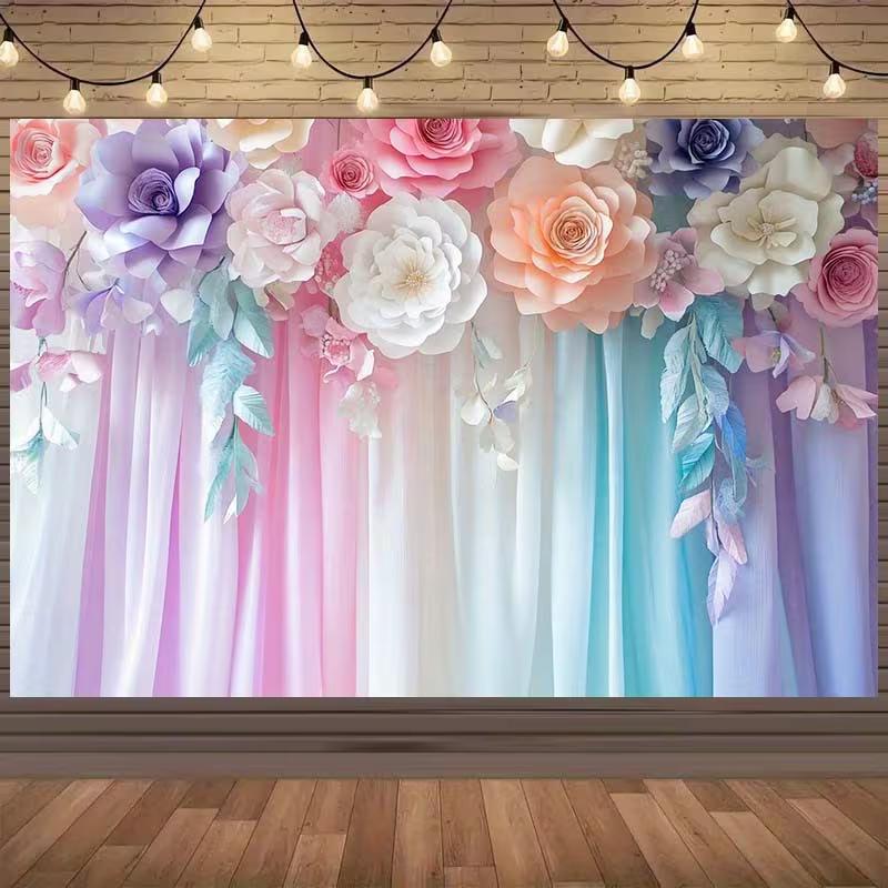 2D Floral Photo Backdrop, Pink Blue Purple Fabric Background for Baby Shower, Bridal Shower, Studio Photoshoot