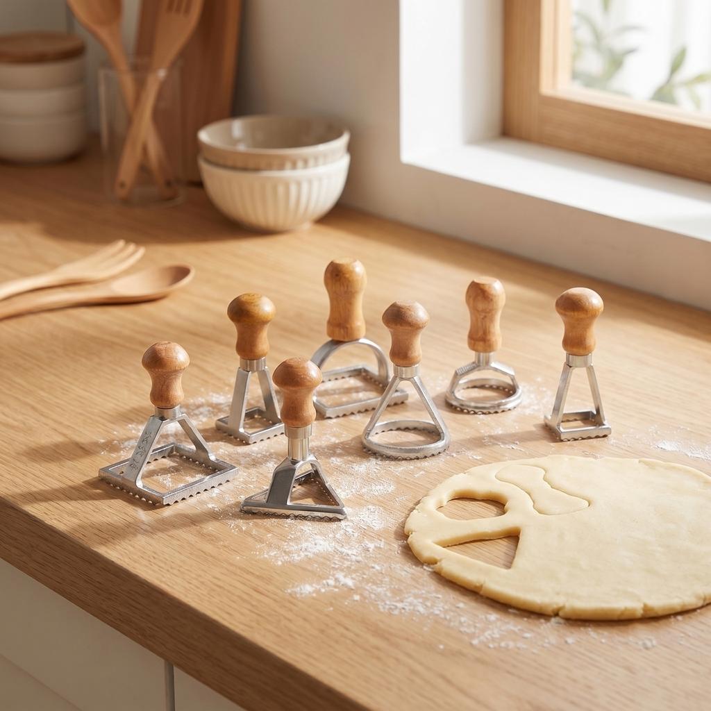 Set of 7 Pastry Cutters with Wooden Handles Stainless Steel Dough Press Mold for Cookie Cake Biscuit Baking Tools
