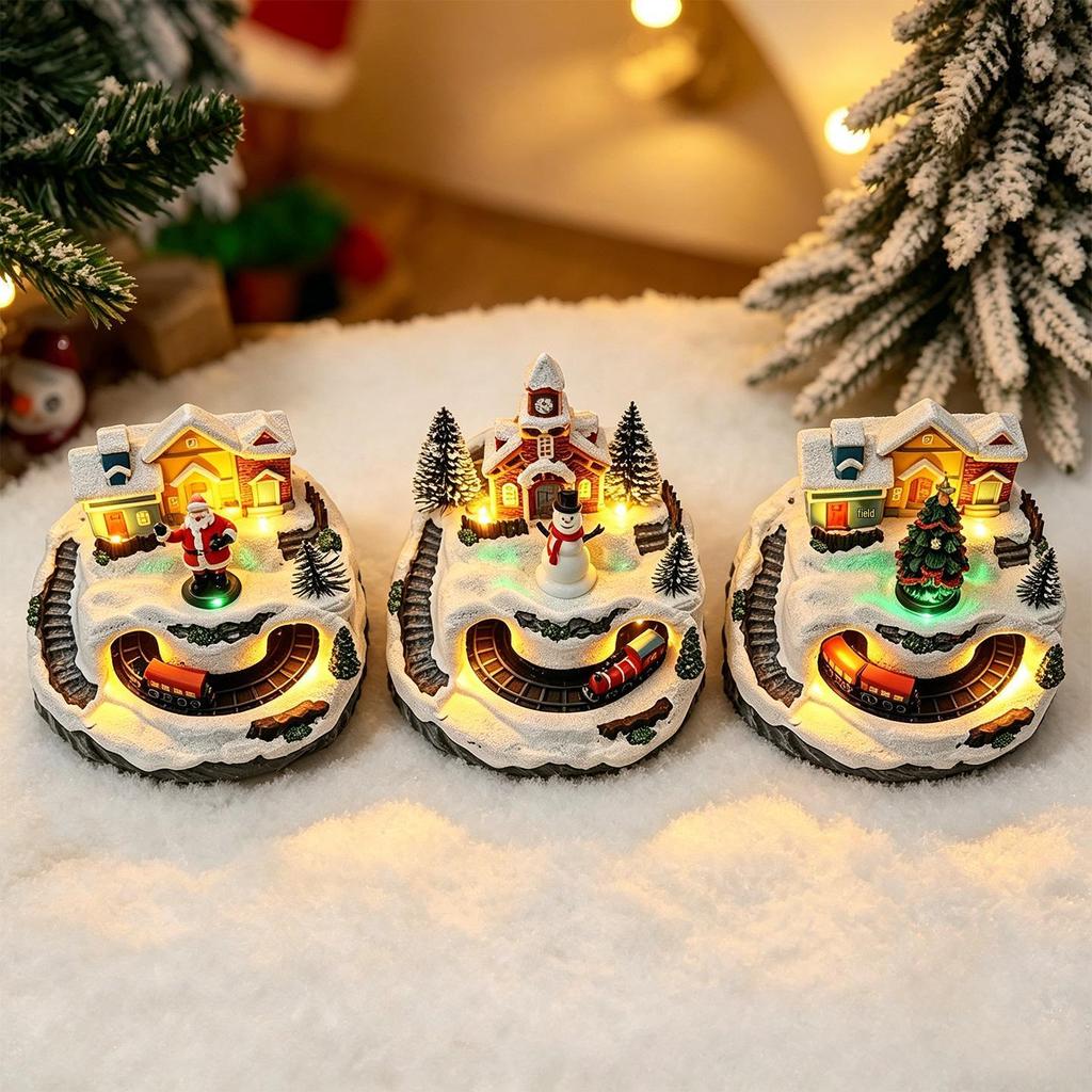 Luminous Christmas Snow Scene Train Ornament with Rotating Cabin Music Box
