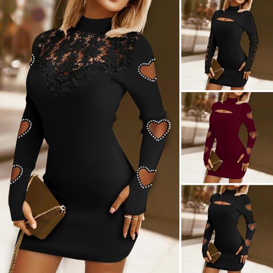 Vestido feminino oco renda bainha justa cor sólida gola meia alta elástico macio flor aplique recorte coração acima do joelho mini vestido
