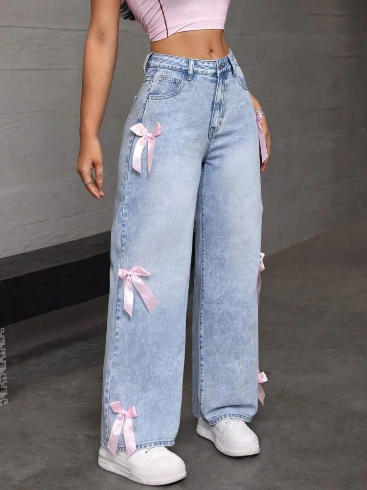 Jeans Casual da Donna con Decorazione a Fiocco Y2k Blu Larghi Denim Pantaloni Ampi Dritti Estetica Dolce Coquette Jeans Lavati