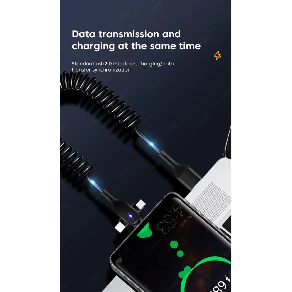 3 in 1 66W 6A Fast Charging USB Type C Cable Micro USB Spring Car Charger For iPhone Xiaomi  Samsung Phone Charger Cord