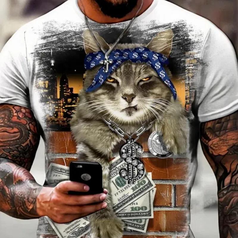 Male Trend Cat Element T Shirt For Men Daily Outdoor Fashion Regular Fit O-neck Short Sleeve Comfortable Material Clothing To