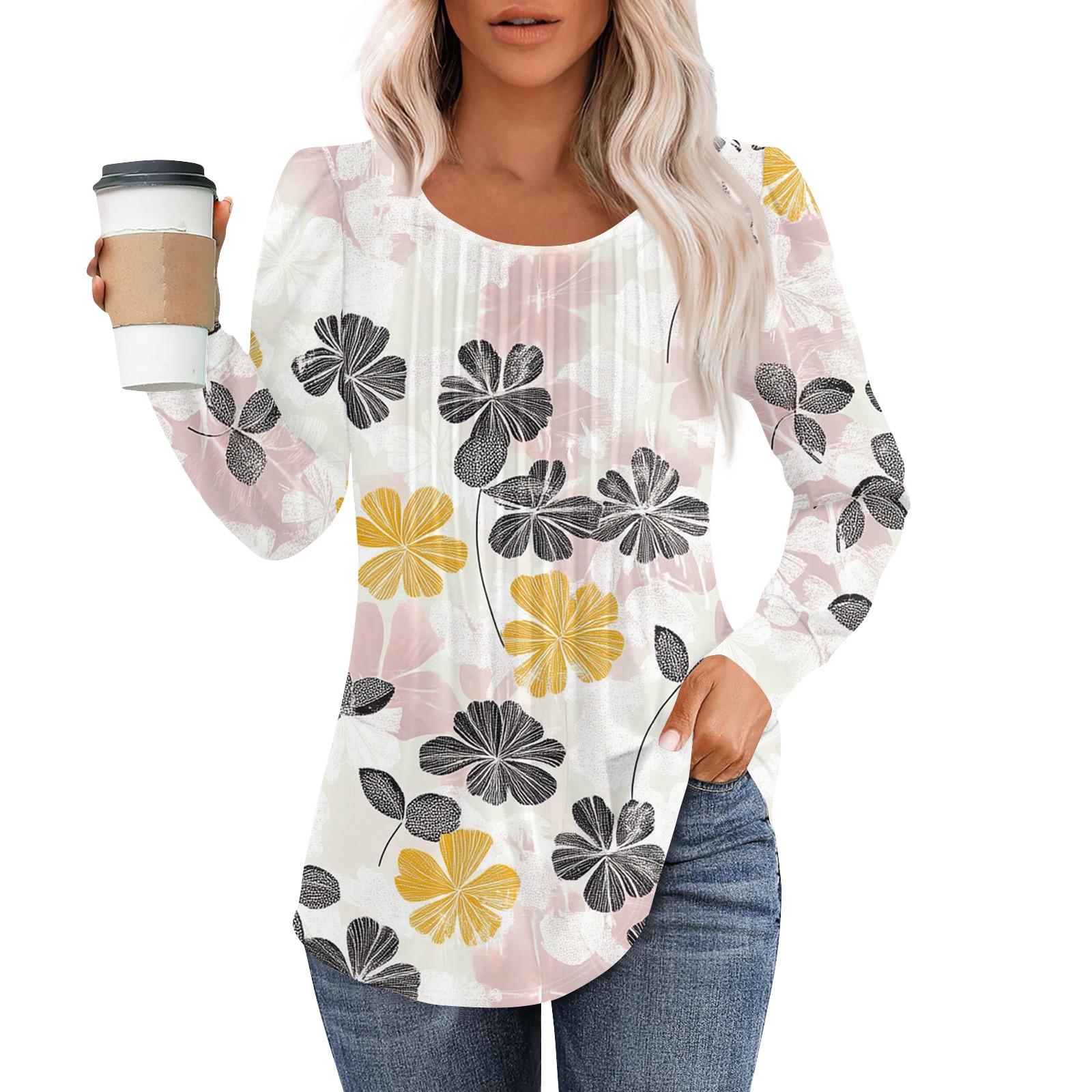 

Women s Fashion Casual Pleated Round Neck Vintage Floral Print Long Sleeve T-Shirt Top XL