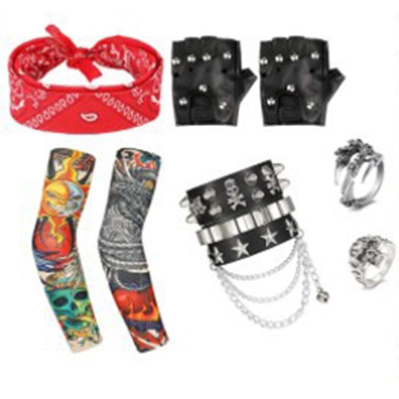 Sada kostýmů Rockera z 80. let, Kostýmy Heavy Metal Rock, Doplňky ke kostýmům na Halloween, Nafukovací kytara, Náramky, Prsteny