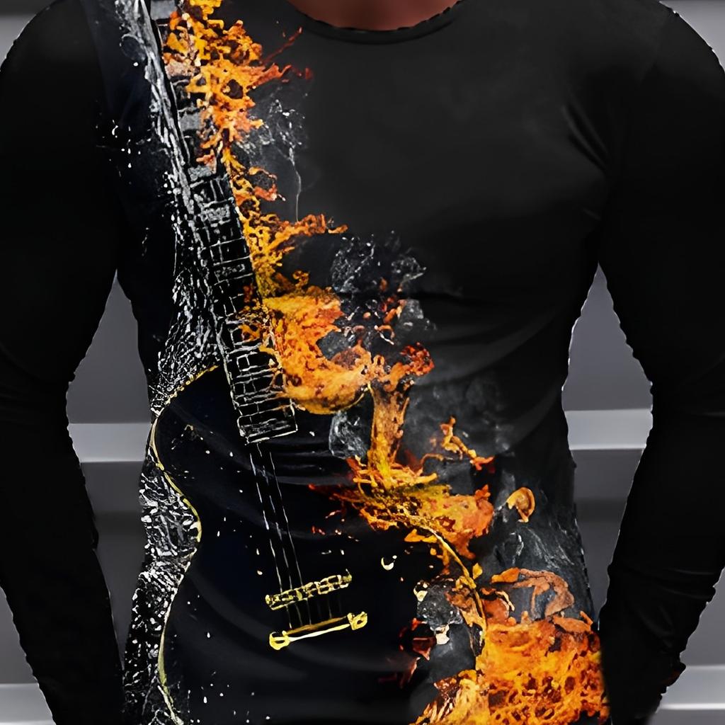 Vibrant Fire Guitar 3D Print Long Sleeve T-shirt - Soft, Breathable, Casual Wear for Spring and Fall - Unique Gift for Men, Comfy Male Clothing