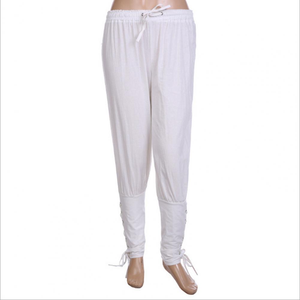 Men Pants Medieval Vikings Pirate Ankle-banded Lace-up Strap Elastic Waist Pleated Loose Solid Color Cropped Trousers Cosplay