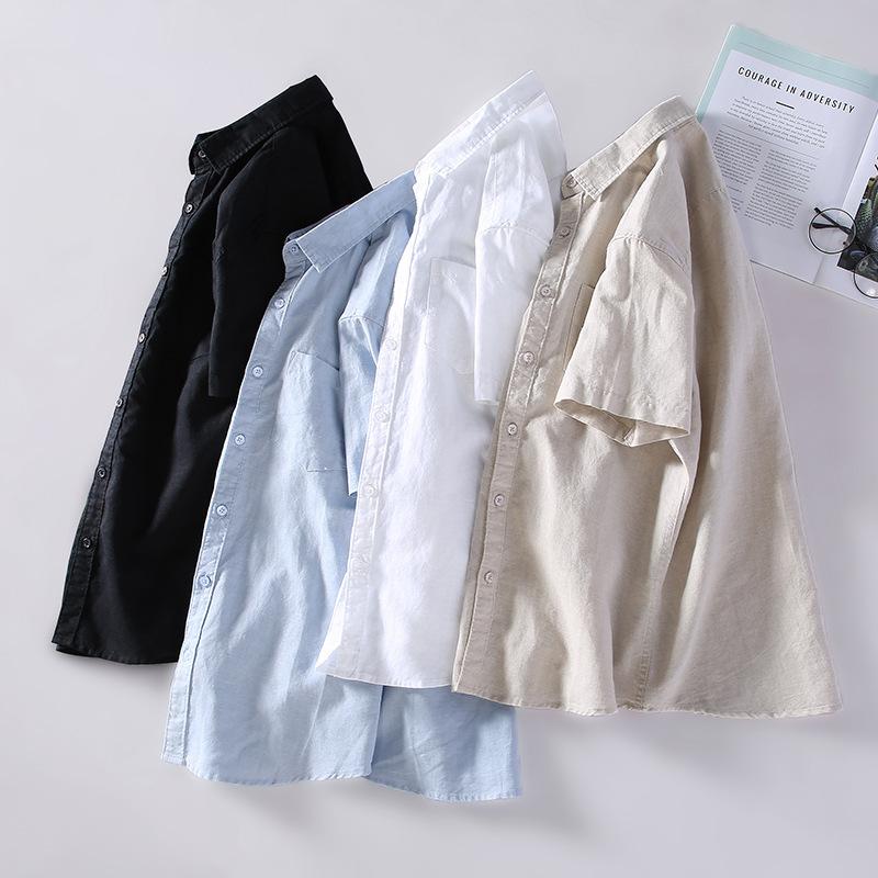 Cotton Linen Summer Shirt Japanese Style Men's Short Sleeve Shirt Beach Men Tops Square Pocket Blue Button Shirt Daily Causal Shirt