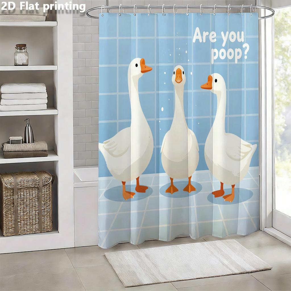 Funny White Goose Shower Curtain, Cute Cartoon Duck Waterproof Bath Curtain, Humorous Bathroom Decor for Kids Room