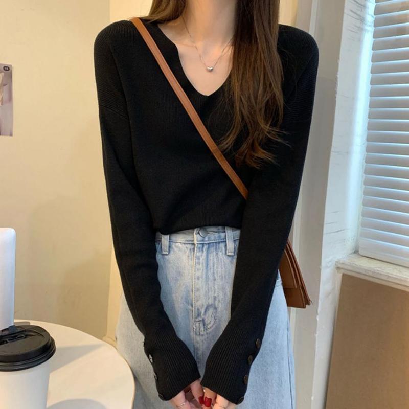 Ladies Autumn Winter Long Sleeve V Neck Slim Fit Basic Solid Color Pullover Knitted T Shirt Top for Layering