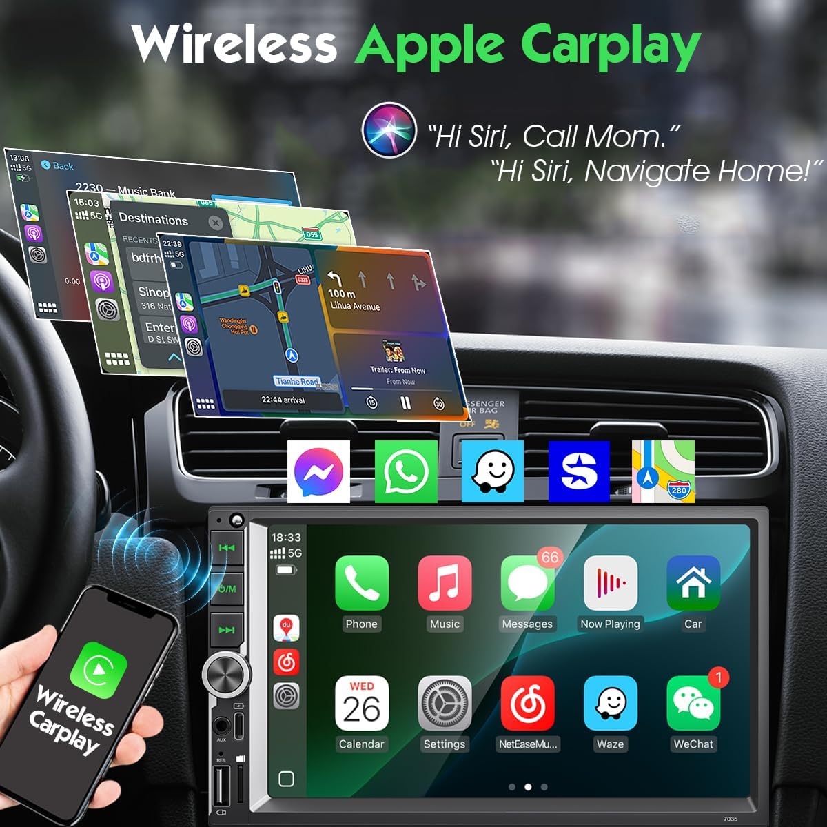 

[Improved] 7 Double Din Car Stereo with Upgraded Wireless Apple Carplay for IOS26 / Android Auto, 240W High Power with EQ, Bluetooth, RDS/FM/AM